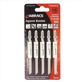 Pack of 5 jigsaw blades in clear packaging with red and black backboard and the Abracs logo in the top left corner