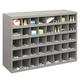 Metal 40 compartment grey rack storage with various products inside sections for scale