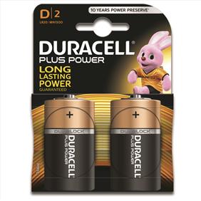 2 Duracell Plus Power D2 batteries in the cardboard packaging featuring the pink Duracell bunny