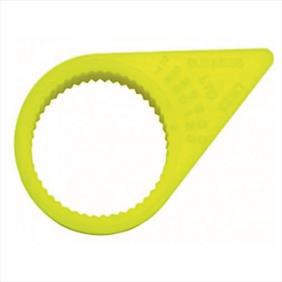 Yellow checkpoint wheel nut covers with triangular end and a whole cut out in the main body of the shape