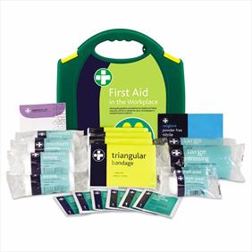 Workplace first aid kit, green plastic case and contents laid out in front including triangular bandages, dressings, gloves and eye pad