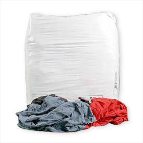 White plastic bag filled with tee-shirts rags and a red and blue tee-shirt wipe laid in front