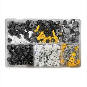Clear plastic box with sections and a range of yellow, black and white number plate fixings