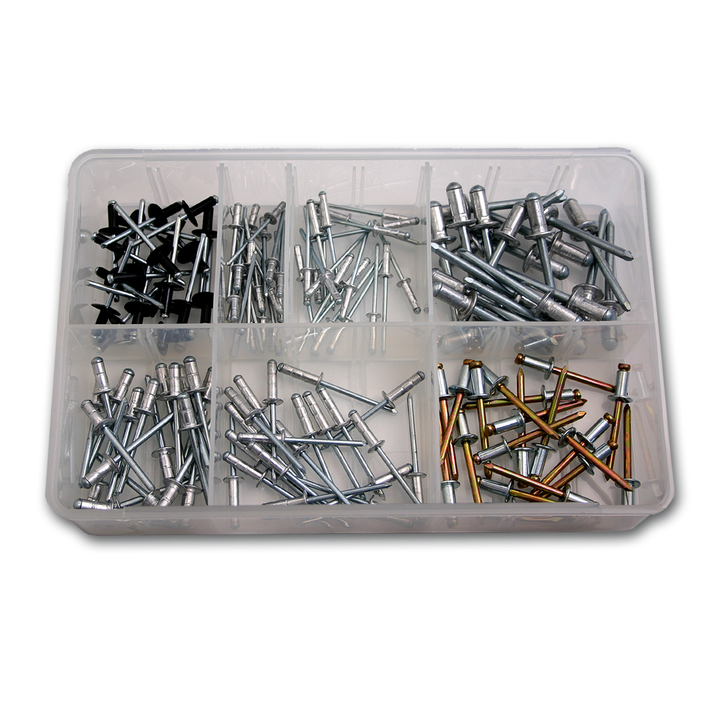 Clear plastic box with sections showing an assortment of pop rivets in different sizes