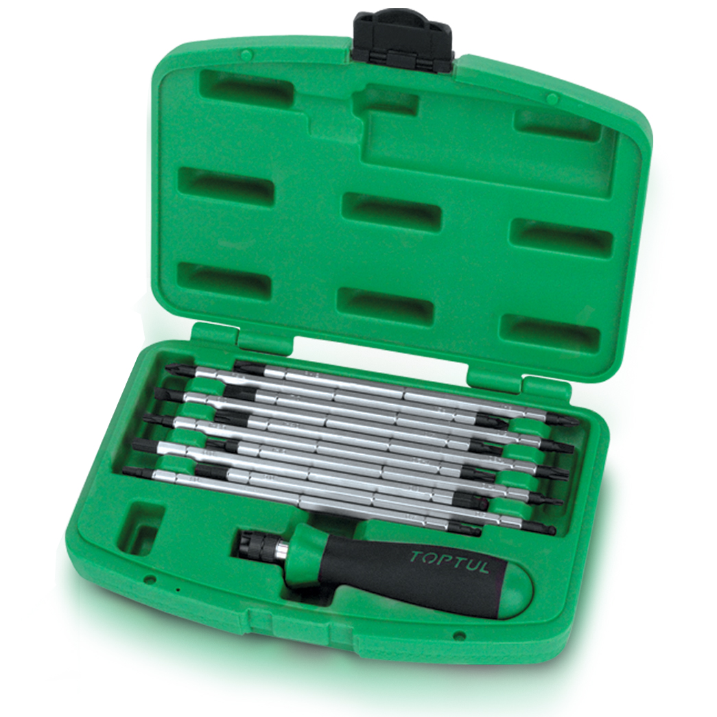 Toptul 10 piece 20-in-1 interchangeable screwdriver set in green hard plastic case