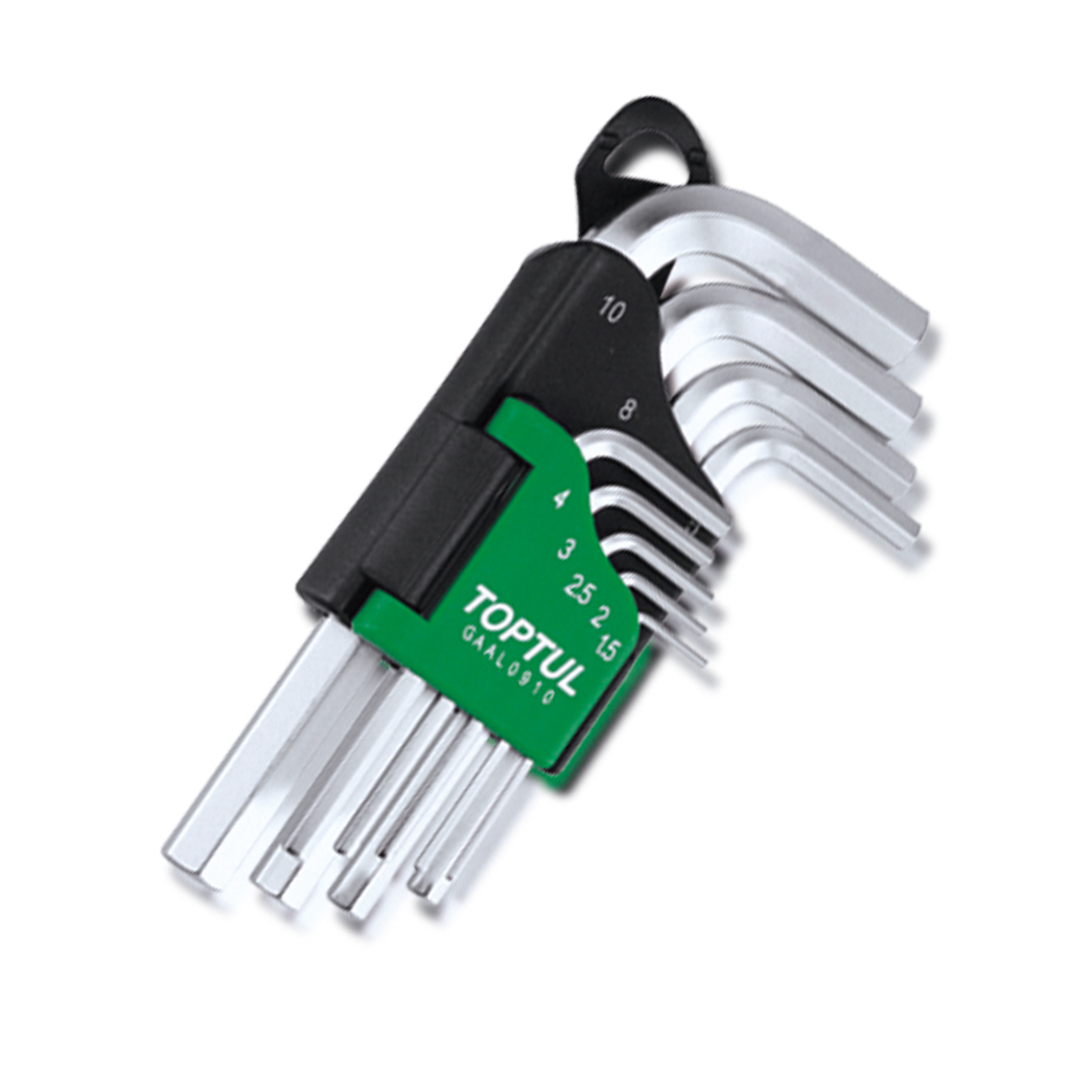 9 piece short hex key wrench set in a green and black Toptul case