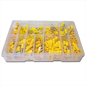 Clear plastic box with sections showing an assortment of yellow electrical terminals