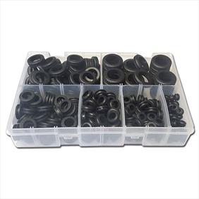 Clear plastic box with sections showing an assortment of wiring grommets in a range of sizes