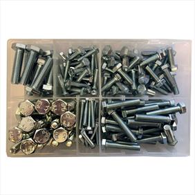 Clear plastic box with sections showing an assortment of setscrews in a range of sizes
