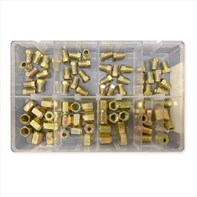 Clear plastic box with sections showing an assortment of brass coloured brake fittings