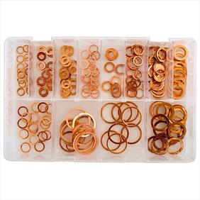 Clear plastic box with sections showing an assortment of copper washers in a range of sizes