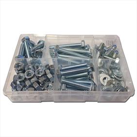 Clear plastic box with sections showing an assortment of nuts, bolts and washers