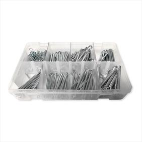 Clear plastic box with sections showing an assortment of split pins in a range of sizes