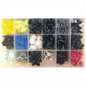 Clear plastic box with sections showing an assortment of different coloured and types of car trim clips