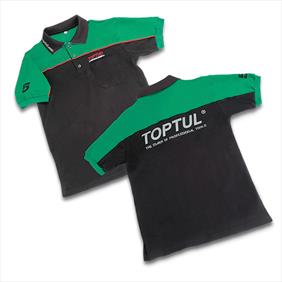 Toptul summer polo shirt with black body and green shoulder with Toptul logo on the front and back